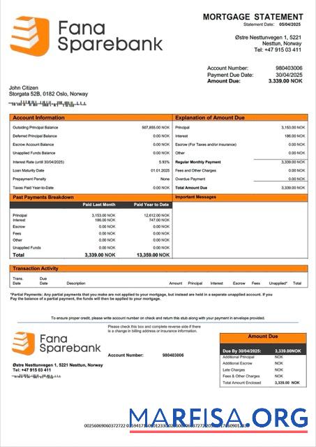 Downloadable Norway Fana Sparebank mortgage statement Word and PDF template